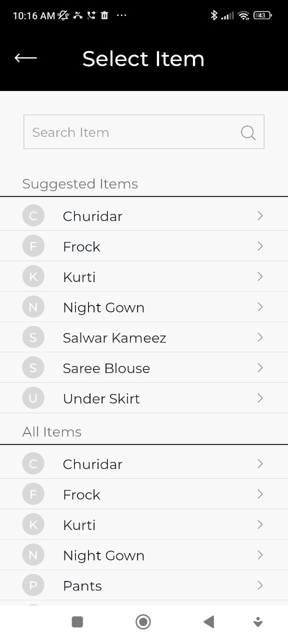 Select item screen